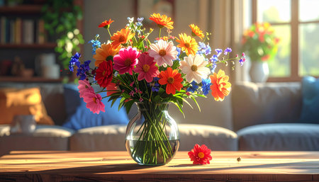 Bouquet of colorful flowers in vase on table in roomの素材