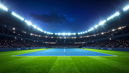 Soccer stadium at night with lights and flashes. 3D renderingの素材