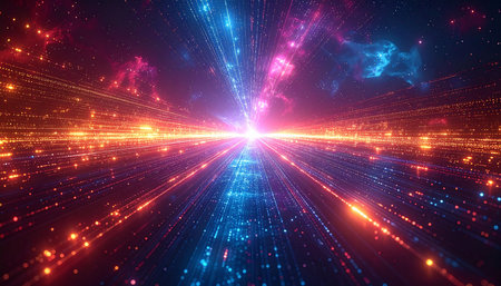 3d illustration of abstract technology background with glowing particles in space.の素材