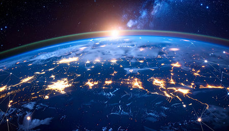 Earth from space showing visible country borders and city lights. 3D illustration.の素材