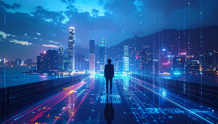 Silhouette of a businessman standing on the bridge and looking at the cityscape at nightの素材