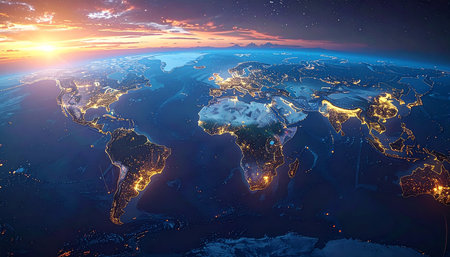 Europe from space. 3D rendering with detailed planet surface and visible city lights.の素材
