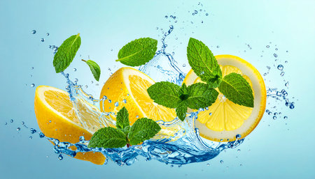 Fresh lemon with mint leaves in water splash on blue background, closeupの素材