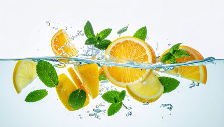 slices of lemon, orange and mint falling into water on white backgroundの素材