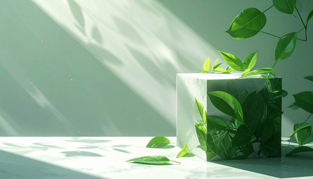 3d rendering of minimal product display podium with green leaves background.の素材