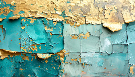 Old blue and yellow wall with peeling paint. Abstract background for design.の素材