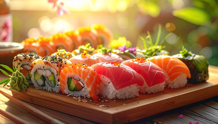 Sushi set on wooden plate, japanese food background.の素材