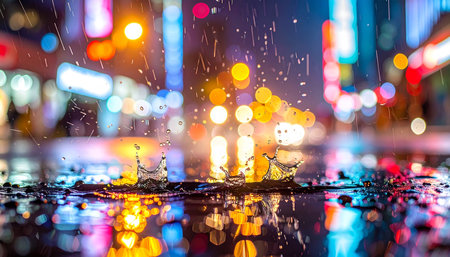 Rain drops on the street with bokeh background, defocused.の素材