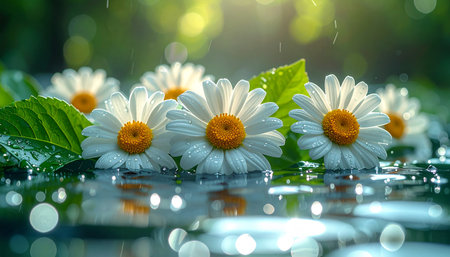 White daisies with water drops and bokeh background.の素材