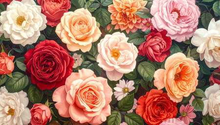 Colorful roses flowers background. Flat lay, top view, copy spaceの素材