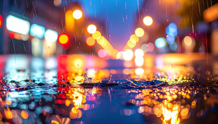 Rain drops on the asphalt in the city at night. Blurred backgroundの素材