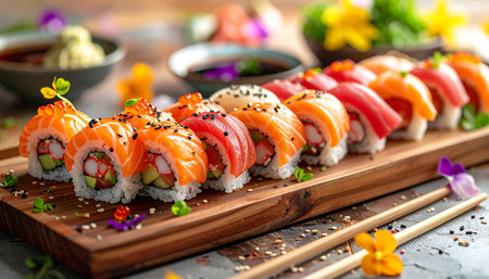 Sushi roll with salmon, tuna, avocado, cucumber, cream cheese and red caviar. Sushi menuの素材