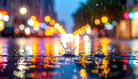 Rain drops on the street with colorful bokeh lights background.の素材