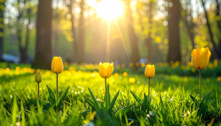 Yellow tulips on a green meadow in the rays of the sunの素材
