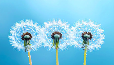 Dandelion seeds with water drops on blue background, closeupの素材