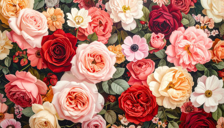 Vintage floral background with roses. Flat lay, top view.の素材