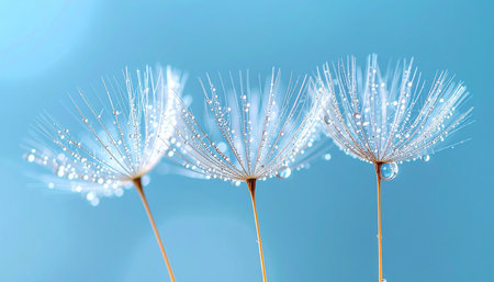 Dandelion seeds with water drops close-up on blue backgroundの素材