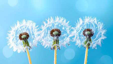 Dandelion seeds blowing in the wind on a blue background.の素材