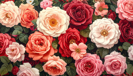 Colorful roses background, vintage toned image, top view.の素材