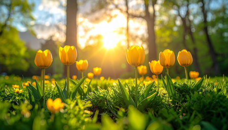 Beautiful yellow tulips in the park at sunset. Nature backgroundの素材