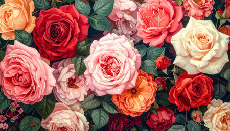 Colorful roses background. Flat lay, top view, copy spaceの素材