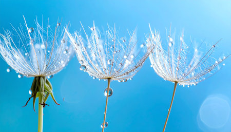 Dandelion seeds with water drops on blue background close-upの素材