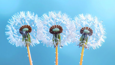 Dandelion seeds with water drops on blue background, closeupの素材
