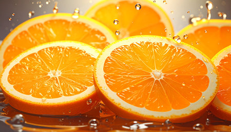 Slices of orange and water drops on a white background.の素材