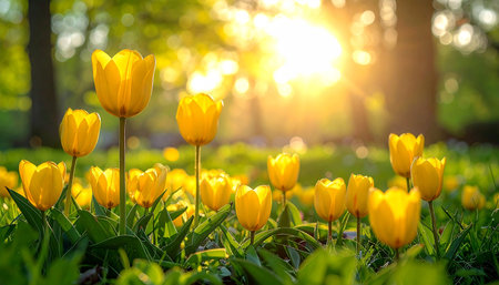Yellow tulips blooming in the park. Spring flowers. Nature backgroundの素材