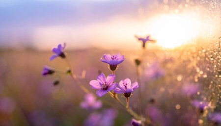 Beautiful purple flowers in the field at sunset. Nature background.の素材