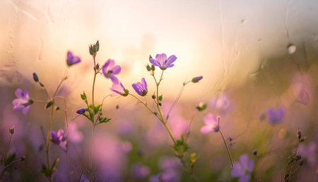 Beautiful purple flowers on a meadow at sunset. Shallow depth of fieldの素材