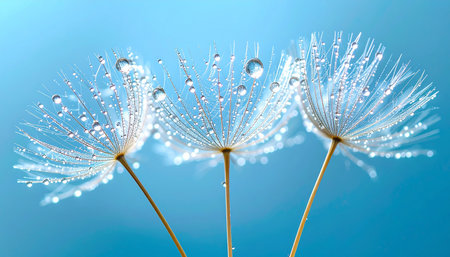 Dandelion seeds with dew drops close-up on blue backgroundの素材