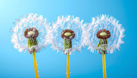 Dandelion seeds in the wind on a blue background, close-upの素材