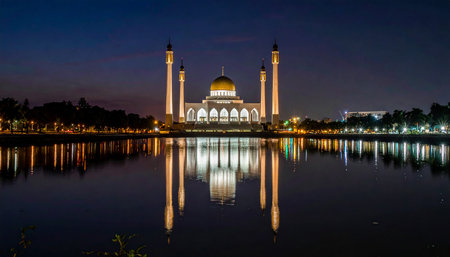 Putra Mosque in Putrajaya, Malaysia at night.の素材