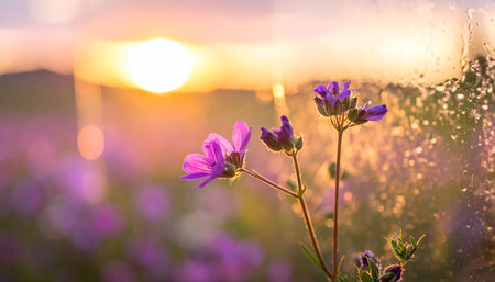 Beautiful purple flowers on the background of the sunset. Summer landscape.の素材