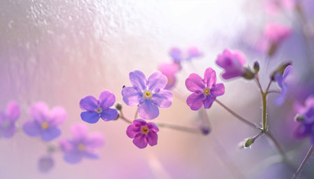 Beautiful spring background with forget-me-not flowers in sunlight.の素材
