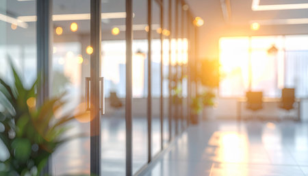 Modern office interior with glass wall and sunlight. Blurred background.の素材