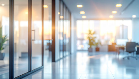 Blurred office lobby interior with large windows and city view. Mock upの素材