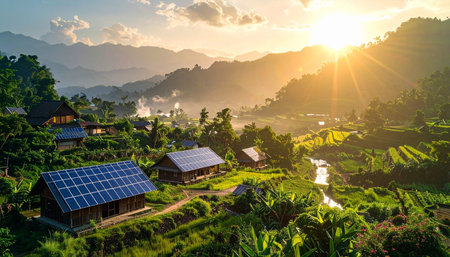 Terraced rice field with solar panels in Bali, Indonesiaの素材