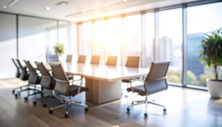 Blurred image of a meeting room in a modern office building.の素材