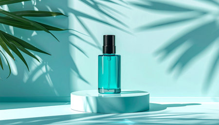 3d render of a blue glass perfume bottle on a white podium with palm leaves shadowsの素材