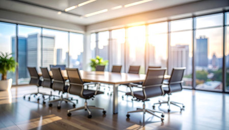 Modern meeting room interior with city view, nobody inside, blur backgroundの素材