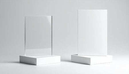 3d rendering of a set of three empty white glass showcase standsの素材