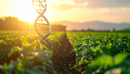 DNA strand on field of soybean plant in agriculture farm at sunsetの素材