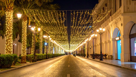 The street decorated with Christmas lights.の素材