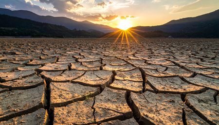 Dry cracked earth with sun at sunset, global warming concept.の素材