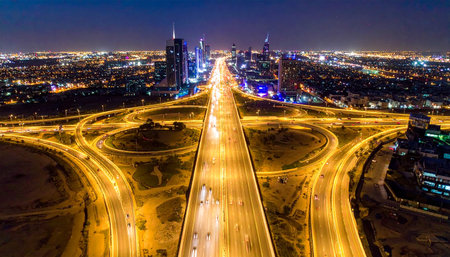 Aerial view of Sheikh Zayed Road in Dubai, United Arab Emiratesの素材