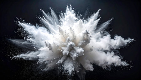 Explosion of white powder on black background. 3D rendering.の素材