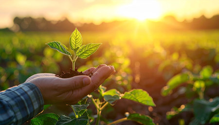 Human hand holding a young plant growing in the field on sunset backgroundの素材