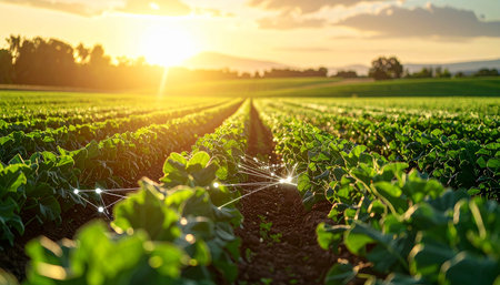 Agricultural field with rows of young green beet plants at sunsetの素材